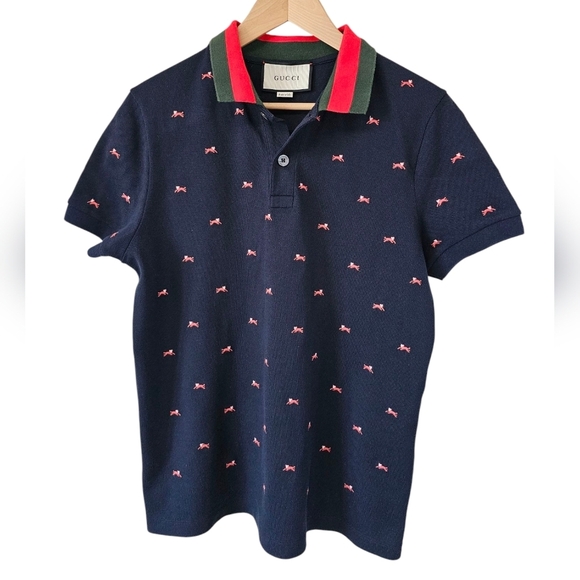Gucci Dark Blue Polo Embroidered Shirt, Short Sleeves Red Green Striped Collar.L - Picture 4 of 11